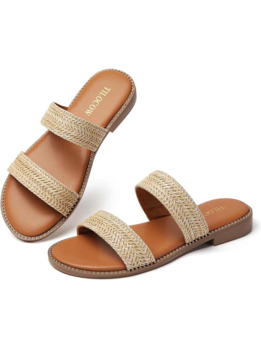Women's Hemp Lightweight Stylish Double Straps Rivet Trim Slides Flat Sandals